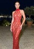 Crystal Sequin Mesh Maxi Dress Red