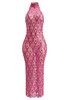 Crystal Sequin Mesh Maxi Dress Hot Pink