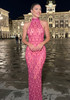 Crystal Sequin Mesh Maxi Dress Hot Pink