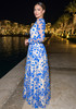 Long Sleeve Floral Mesh A Line Maxi Dress Blue