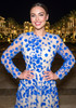 Long Sleeve Floral Mesh A Line Maxi Dress Blue