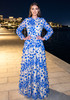 Long Sleeve Floral Mesh A Line Maxi Dress Blue