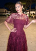 Lace Cape Strapless A Line Maxi Dress Burgundy