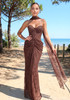 Strapless Draped Lace Bustier Maxi Dress Brown