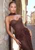 Strapless Draped Lace Bustier Maxi Dress Brown