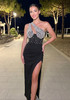 One Shoulder Embellished Bustier Maxi Dress Black