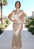 Floral Draped Silk Maxi Dress Gold