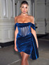 Off Shoulder Draped Corset Velvet Dress Blue