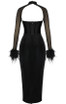 Feather Long Sleeve Corset Maxi Velvet Dress Black