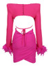 Long Sleeve Feather Draped Two Piece Dress Hot Pink