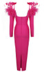 Long Sleeve Feather Midi Dress Hot Pink