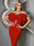 Off Shoulder Feather Midi Dress Red
