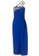 One Shoulder Crystal Straps Midi Dress Blue