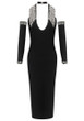 Halter Crystal Sleeves Midi Dress Black