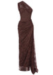 One Shoulder Draped Lace Maxi Dress Brown