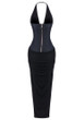 Halter Denim Insert Maxi Dress Black