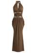 Halter Sequin Detail Draped Maxi Dress Brown
