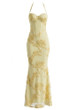 Halter Floral Strappy Backless Maxi Dress Yellow