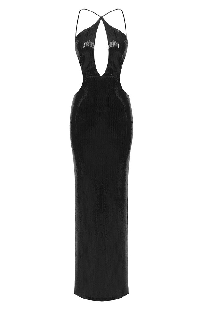 Sleeveless Halter Mini Dress with Pearl Accents - Black