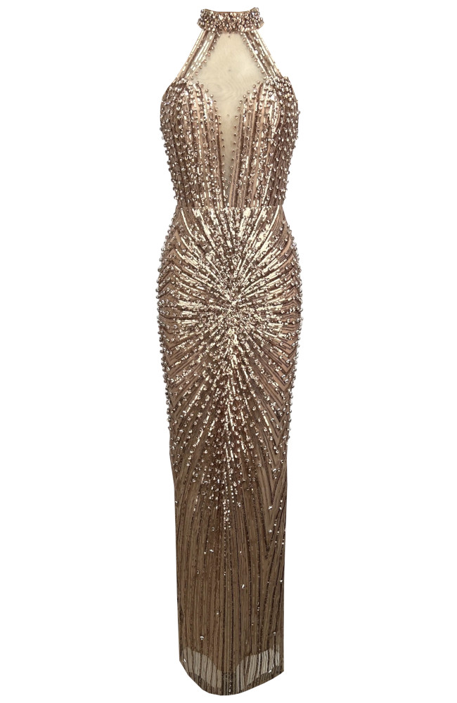 Sequin Halter Maxi Dress in Gold