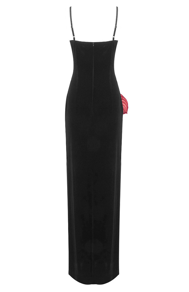 Laceleaf Detail Mesh Insert Maxi Velvet Dress Black - Alessandra
