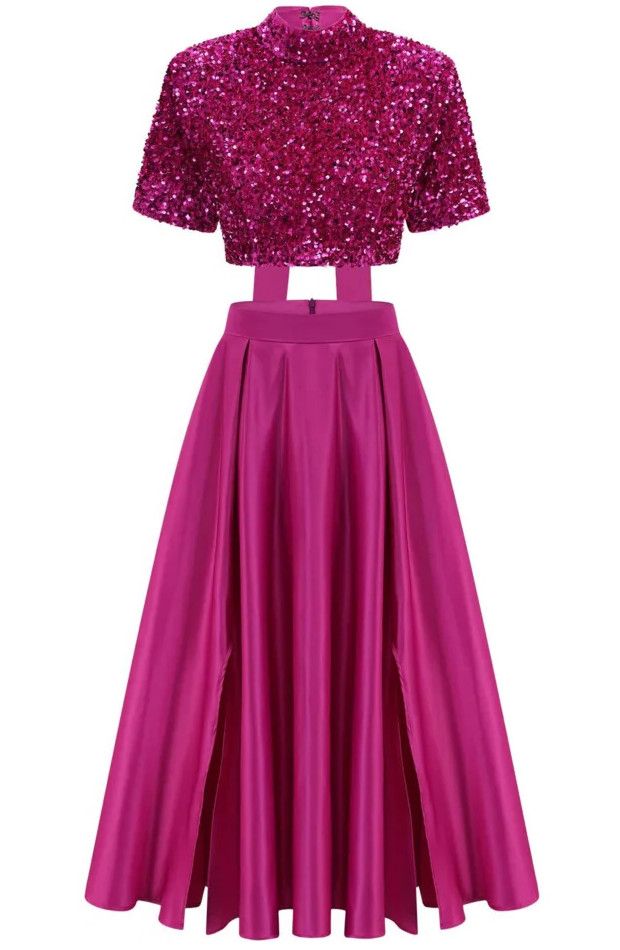 Sequin Short Sleeve A Line Maxi Two Piece Dress Hot Pink - Luxe Two ...