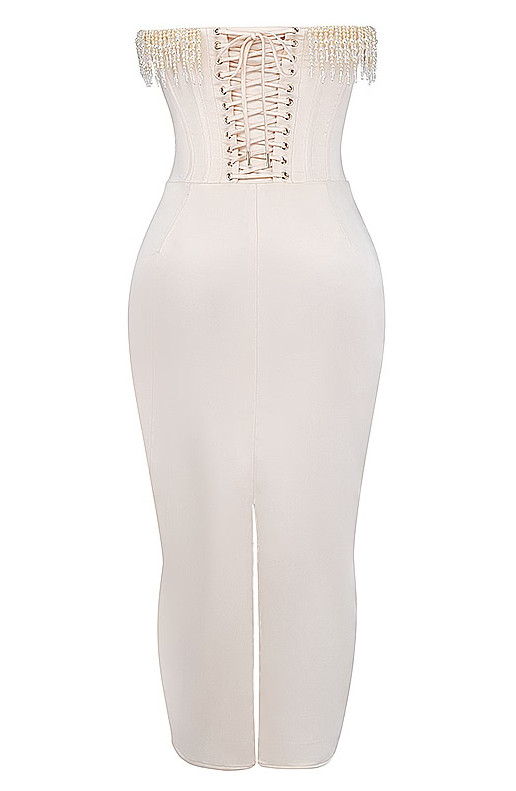 Strapless Pearl Corset Midi Dress Ivory - Luxe Corset Dresses and