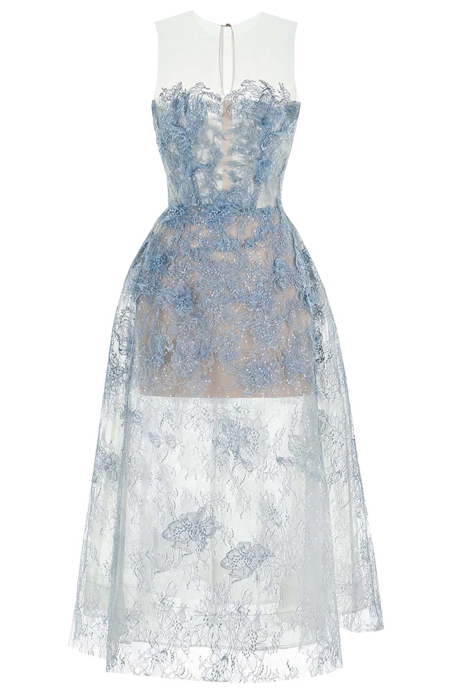ワンピース Lace Trimmed Floral Dress powder blue M Blue Floral Print Dress - Blue Lace-Up Midi Dress - Floral