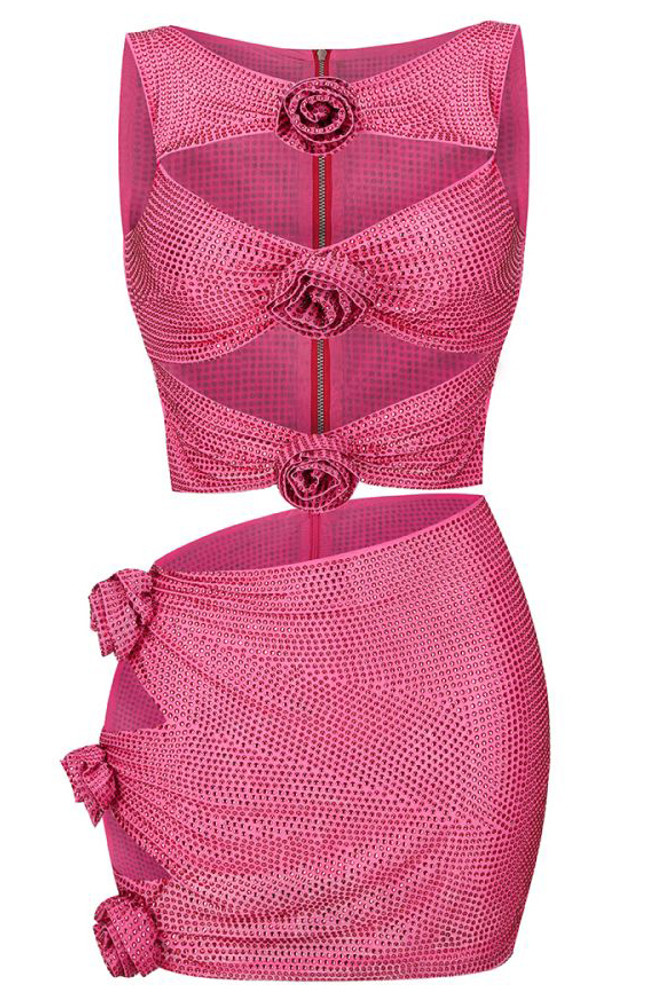Floral Detail Embellished Two Piece Dress Hot Pink - Luxe