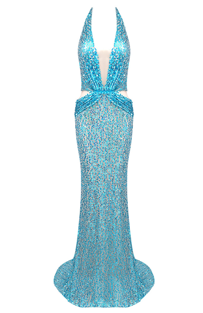 パーティードレス Allure Blue Sequined Maxi Dress Halter_Sequin_Maxi_Dress_Turqu