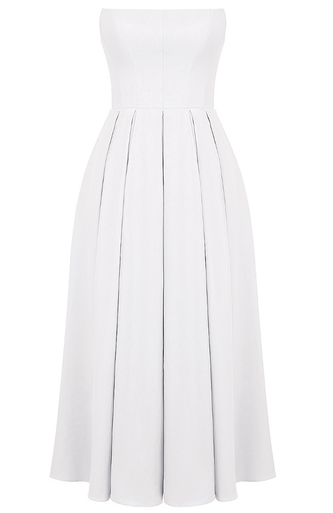 パーティードレス White Beaded Strapless Midi Dress White Shimmer Rhinestone and Pearl Strapless Midi Dress