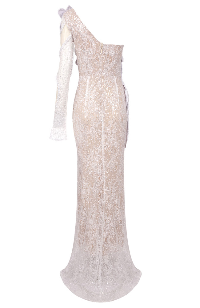 One Sleeve Pearl Sequin Floral Lace Maxi Dress White - Luxe