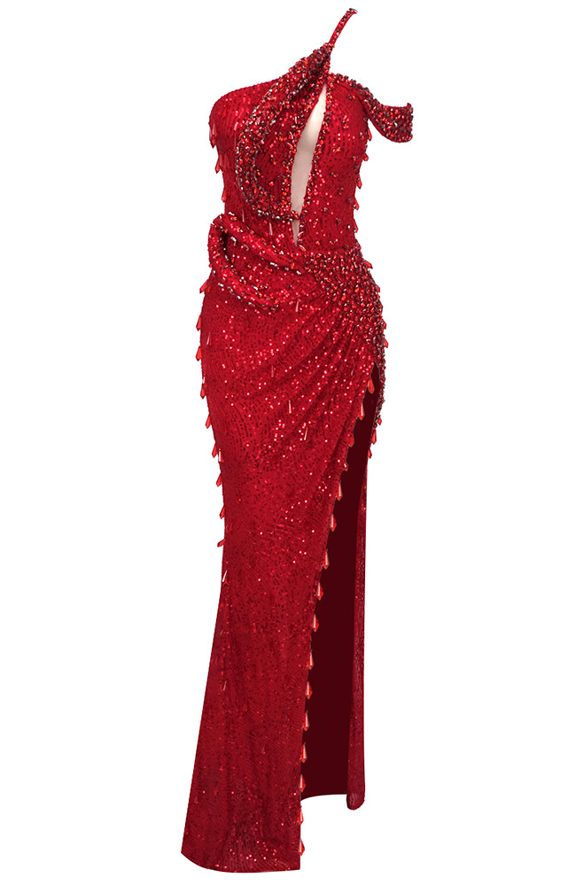 One Shoulder Crystal Sequin Maxi Dress Red - Luxe Maxi