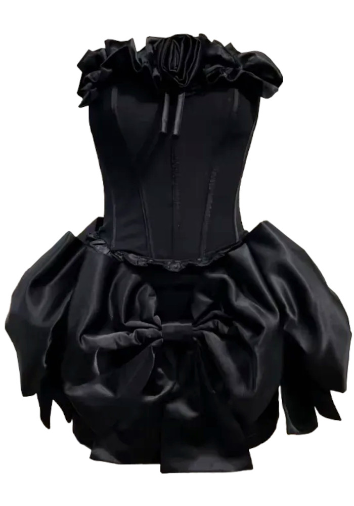 Strapless Floral Bow Corset Two Piece Dress Black - Luxe Two