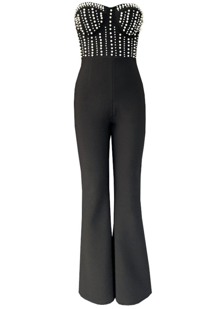 Strapless Pearl Bustier Jumpsuit Black - Luxe Jumpsuits and