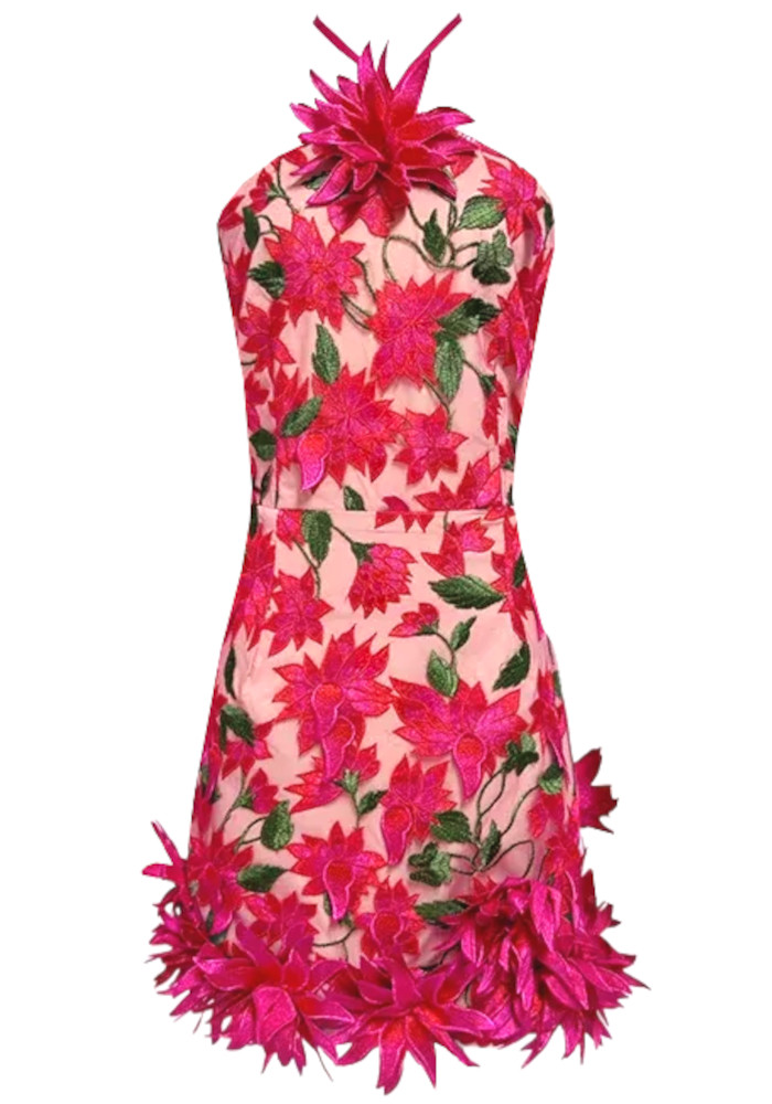 Halter Floral Embroidered Dress Hot Pink - Luxe Floral Dresses and