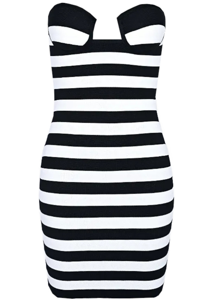 Strapless Striped Bustier Dress Black White - Luxe Mini Dresses