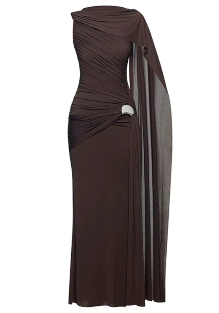 リルアー　drape design dress M-Long brown Draped Design Scarf Maxi Dress Brown - Luxe Maxi Dresses and Luxe