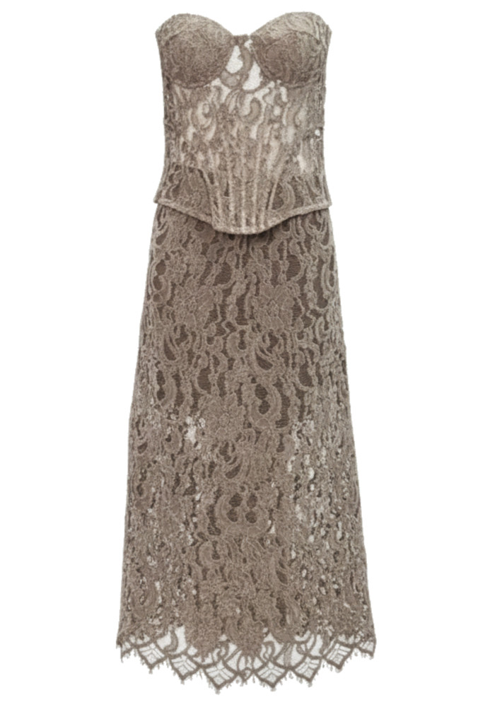 【新品未使用】Wooster Crepe Knit Midi Trumpet 2 Strapless Crochet Corset Two Piece Midi Dress Brown - Luxe Two