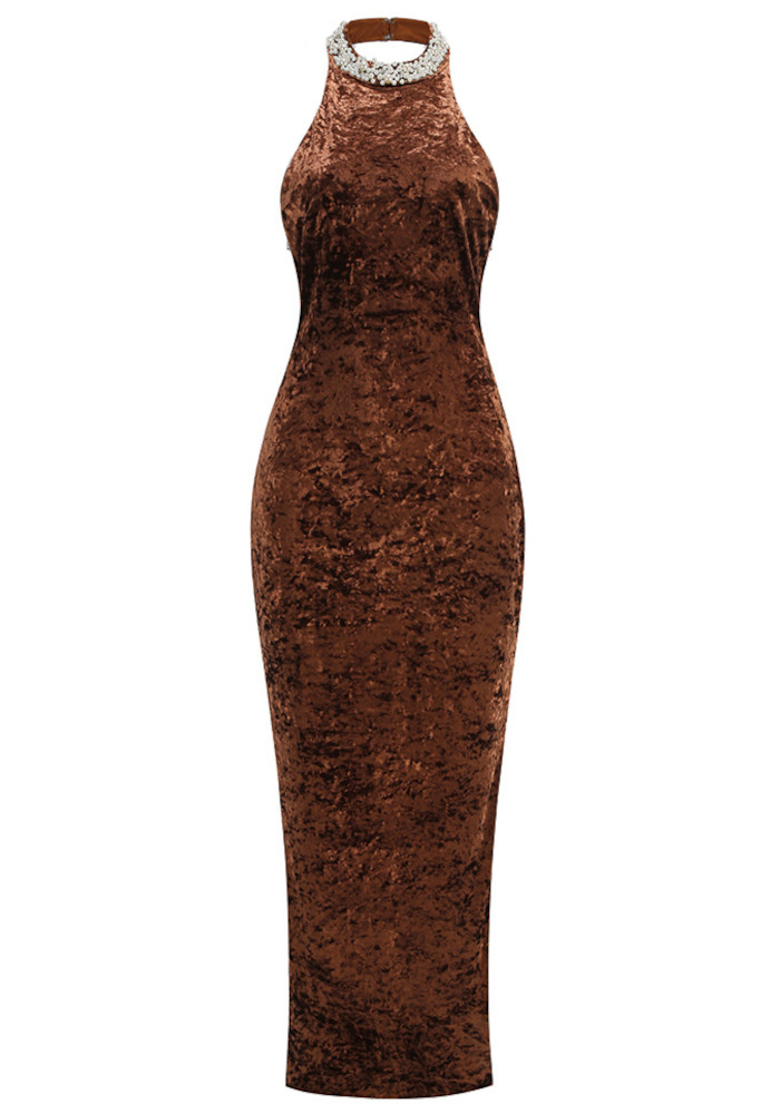 Halter Pearl Embellished Maxi Velvet Dress Brown - Luxe Maxi