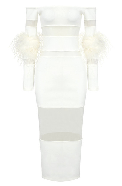 knee length dresses for ladies White Marjorie Mixed Media Off The Shoulder Midi Dress