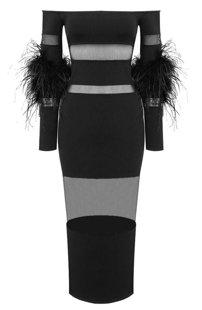 Feather Long Sleeve Off Shoulder Midi Dress Black - Luxe Midi