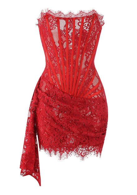 Strapless Lace Draped Corset Dress Red - Luxe Lace Dresses and