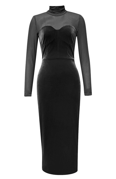 Long Sleeve Mesh Insert Midi Velvet Dress Black - Luxe Velvet Dresses ...