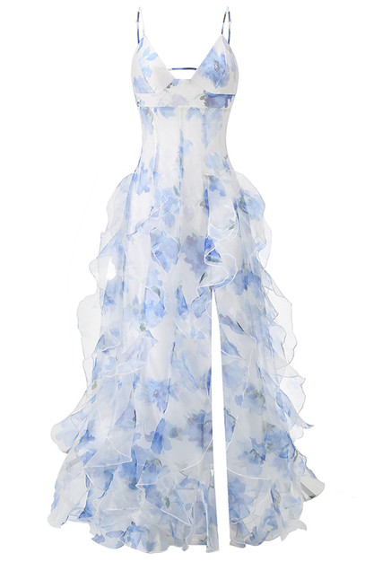 favlux blue floral dress Zapaka Women Blue Floral Wedding Party Guest Dress A Line Sweetheart Strapless Pleated Long Maxi Bridesmaid Dress, Blue Floral / US4 main image 1