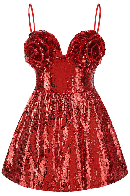 Floral Detail Sequin A Line Corset Dress Red - Luxe Sequin Dresses and Luxe  Party Dresses