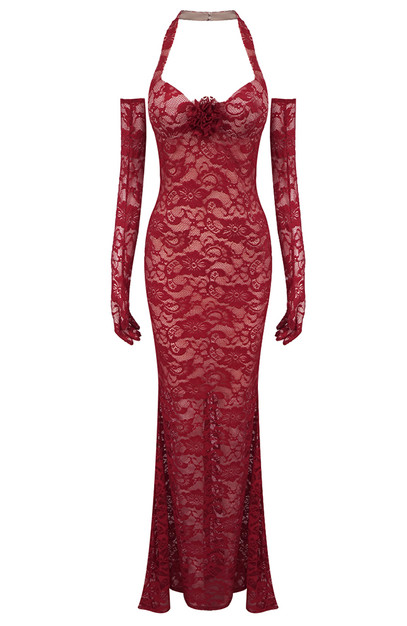 Halter Floral Lace Maxi Dress Burgundy - Luxe Lace Dresses and Luxe Party  Dresses