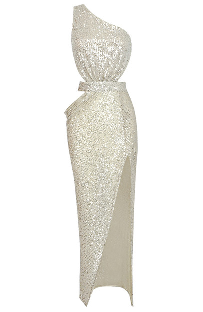 METALLIC SEQUIN ONE SHOULDER MAXI DRESS
