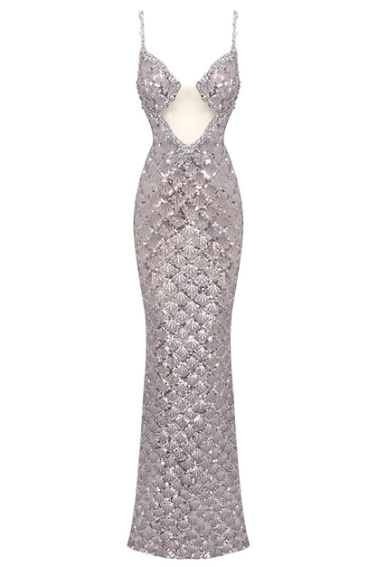 Crystal Bustier Sequin Maxi Dress Silver