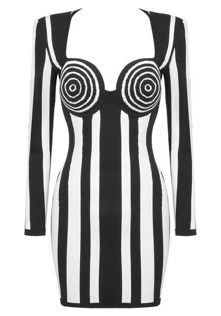 Long Sleeve Bustier Striped Dress Black White